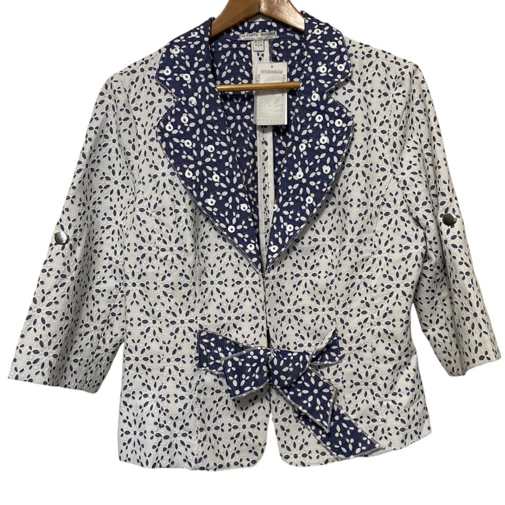 Alberto Makali Navy and White Printed Bow-Front Blazer